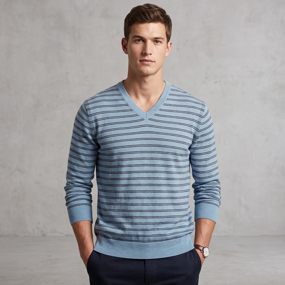 Banana Republic Mens Medium Blue Sweater V-Neck Heather Cotton Striped Casual